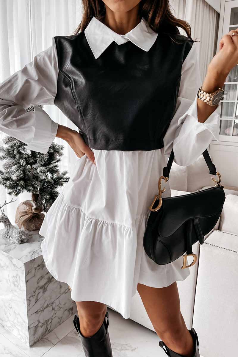 lovwvol Shirt skirt and leather stitching Mini Dress