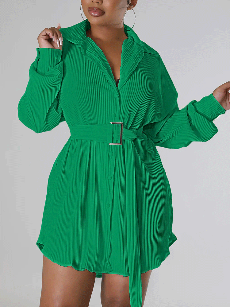 Ruched Long Sleeve Mini Dress With Belt