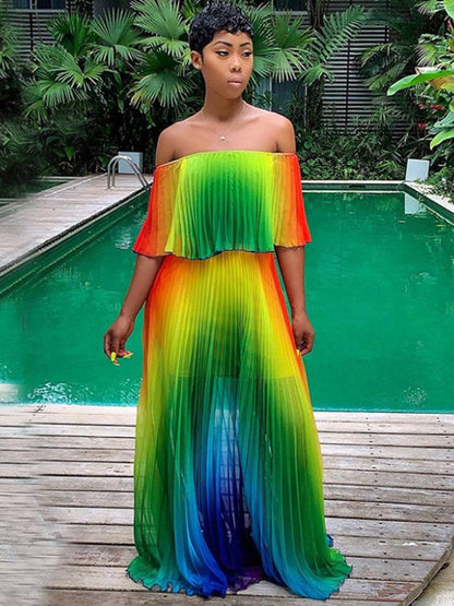 Off Shoulder Colorful Ombre Pleated Maxi Dress