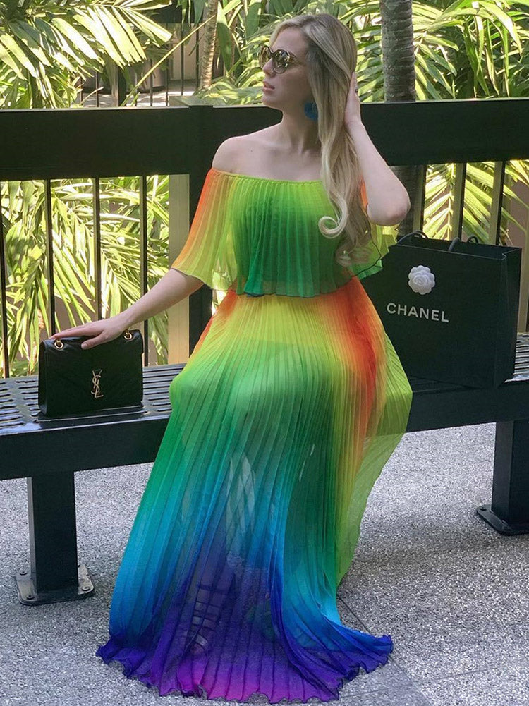 Off Shoulder Colorful Ombre Pleated Maxi Dress