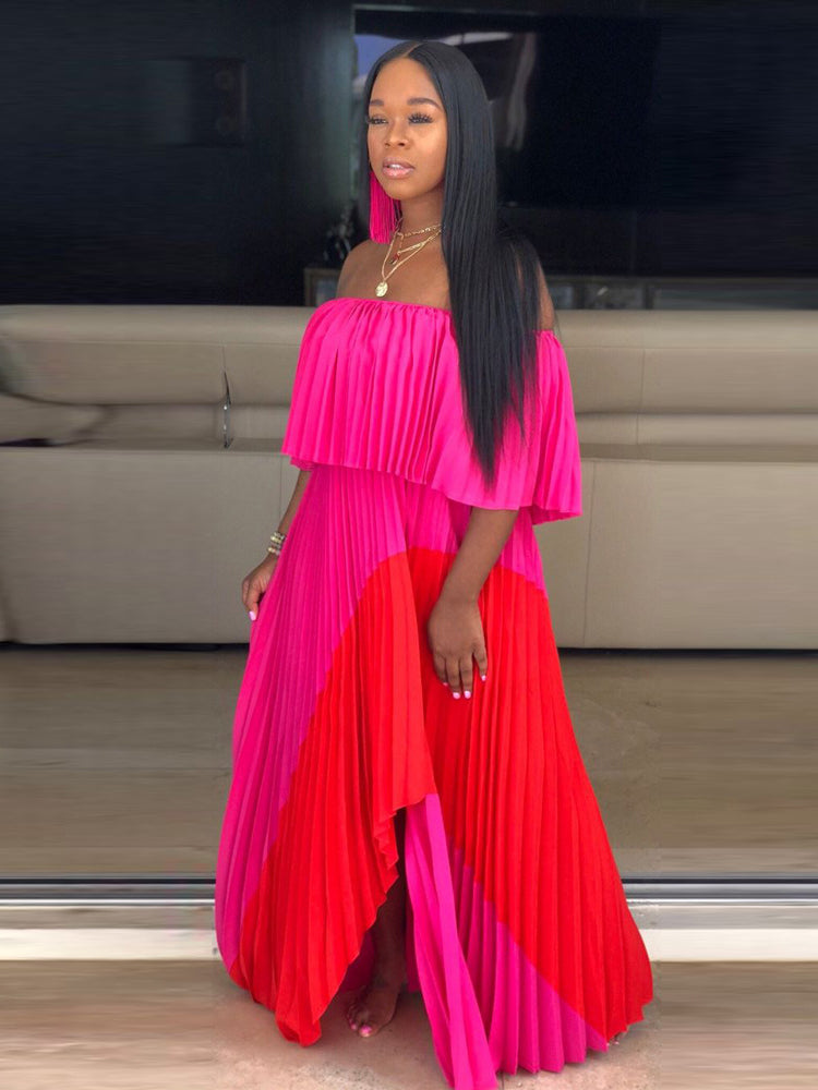 Off Shoulder Ombre Pleated Maxi Dress