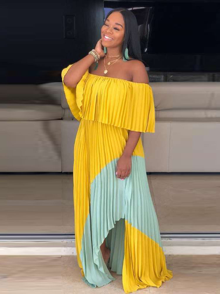 Off Shoulder Ombre Pleated Maxi Dress