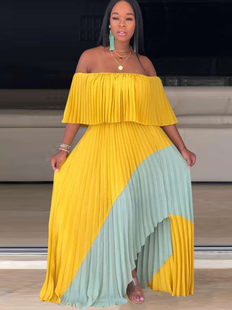 Off Shoulder Ombre Pleated Maxi Dress