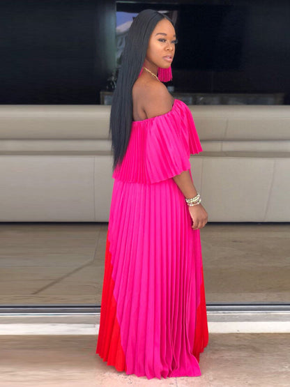 Off Shoulder Ombre Pleated Maxi Dress