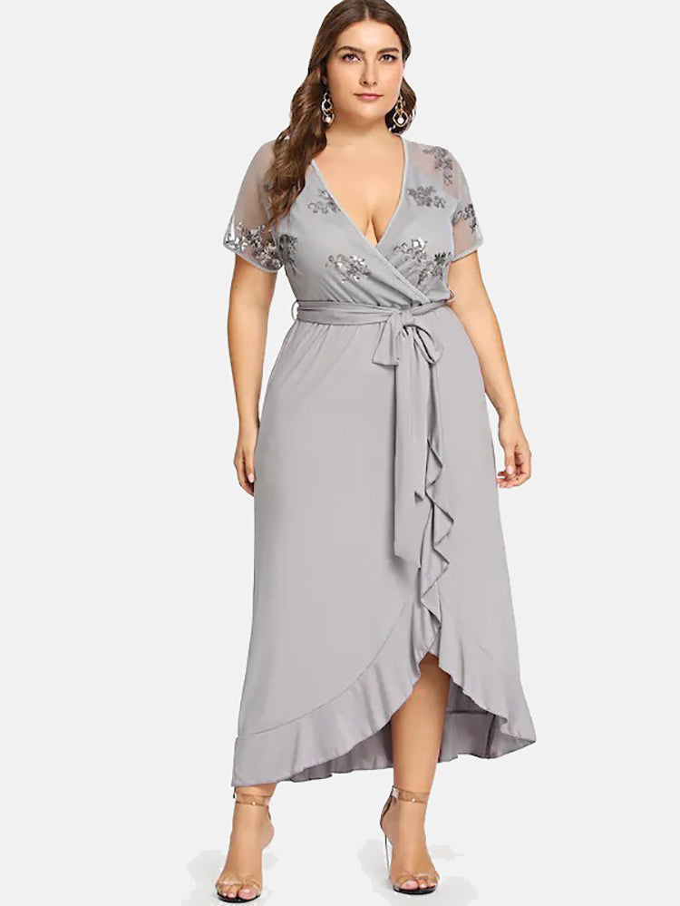 V Neck Ruffle Belted Maxi Dress