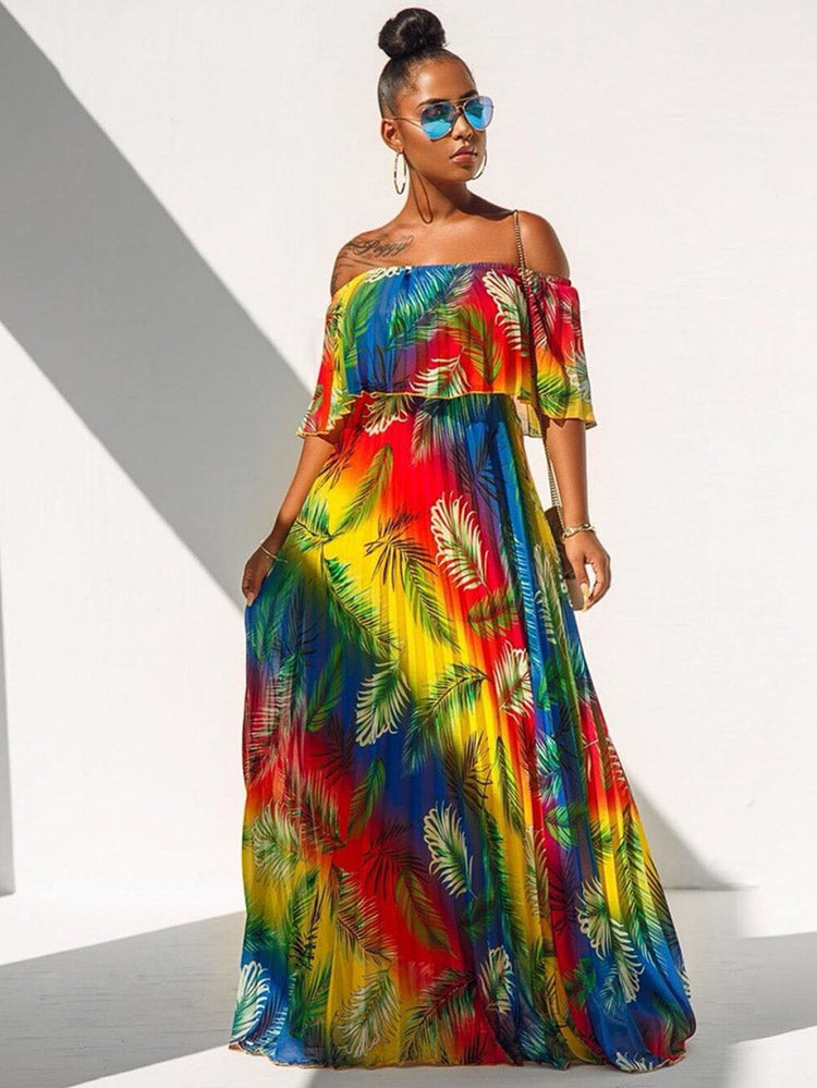 Off Shoulder Colorful Ombre Pleated Maxi Dress