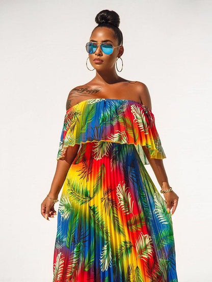 Off Shoulder Colorful Ombre Pleated Maxi Dress