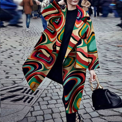 2025New in autumn and winter ,  New, fashionable lapel digital printing long-sleeved pocket coat coat