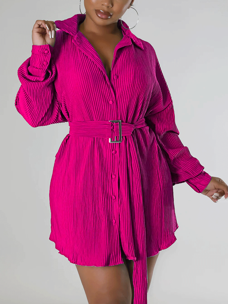 Ruched Long Sleeve Mini Dress With Belt