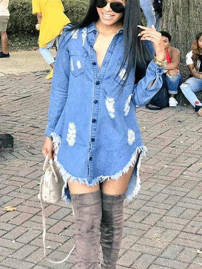 Ripped Denim Tassel Mini Dress