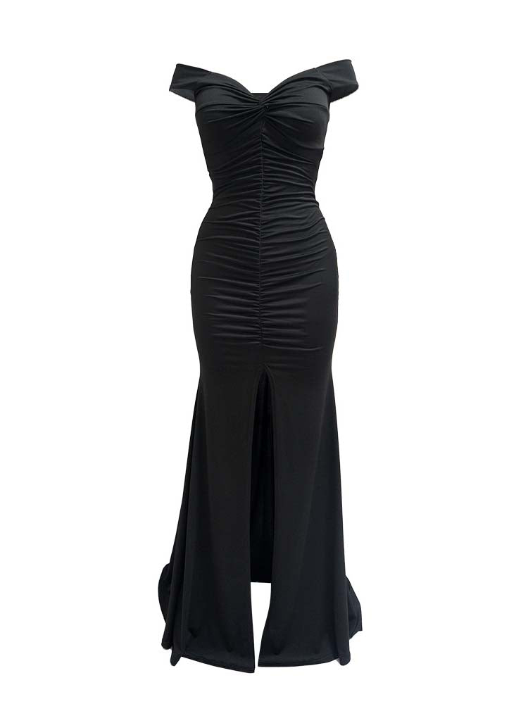 Off Shoulder Wrapped Slit Maxi Dress