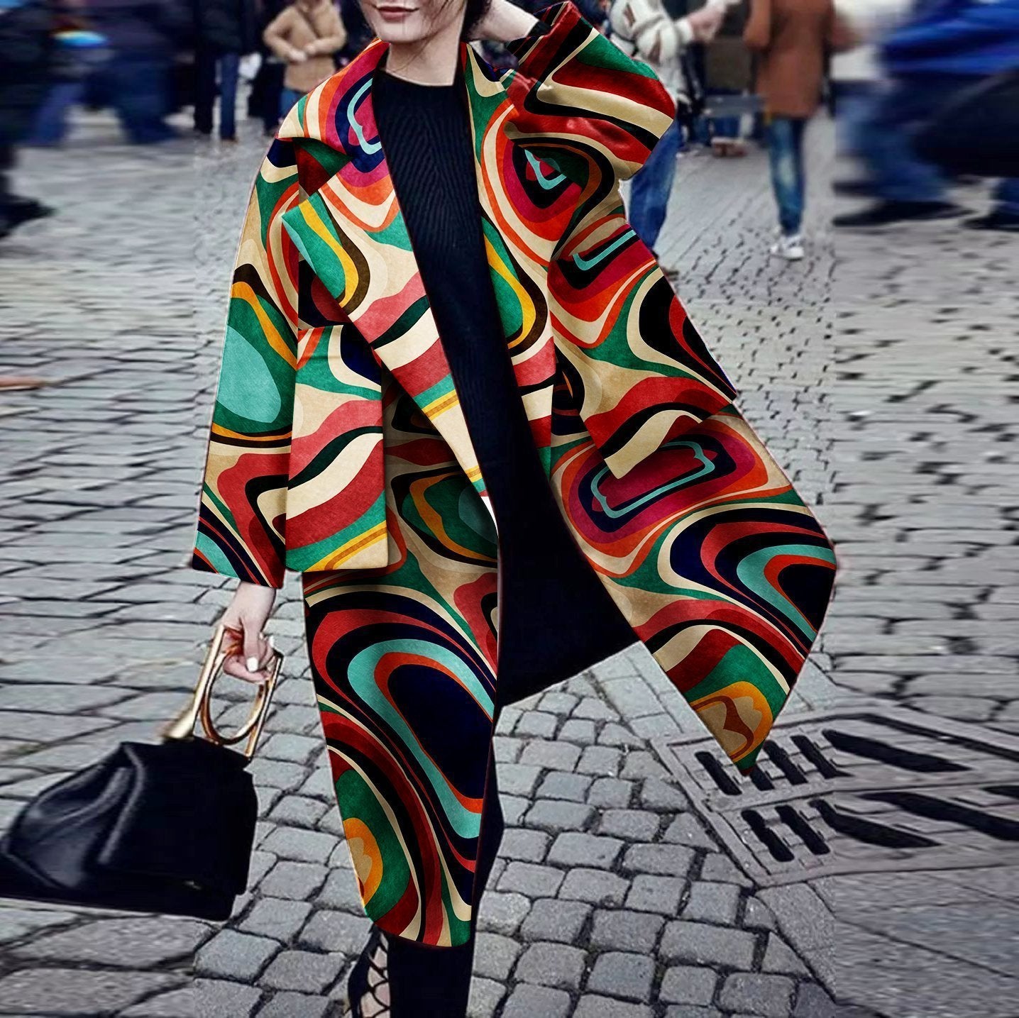 2025New in autumn and winter ,  New, fashionable lapel digital printing long-sleeved pocket coat coat