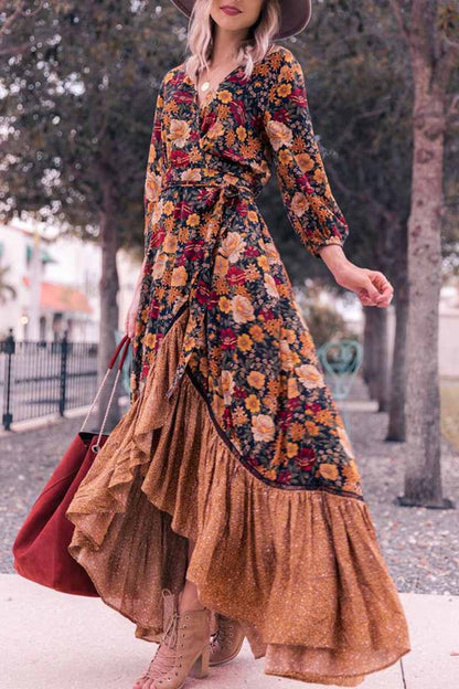 lovwvol Long Sleeve Print Retro Long Maxi Dress