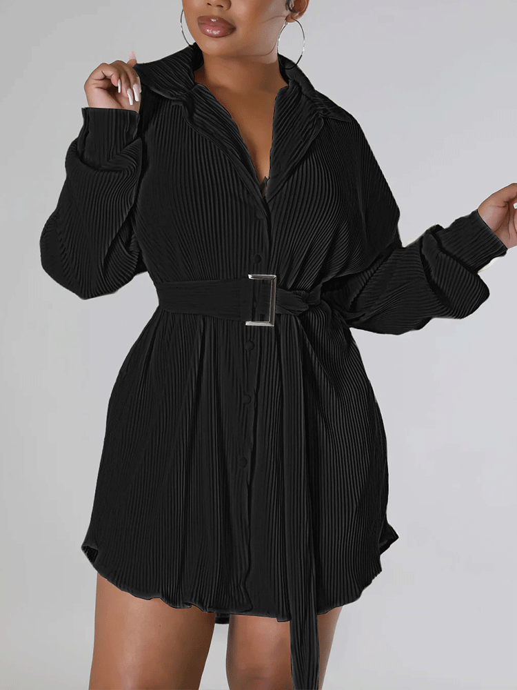 Ruched Long Sleeve Mini Dress With Belt