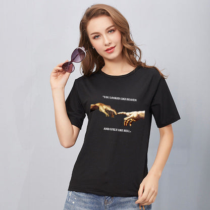 lovwvol grunge dti Spring and Summer Hand-Holding New Women's T-shirt Printed Short-Sleeved Women's Top