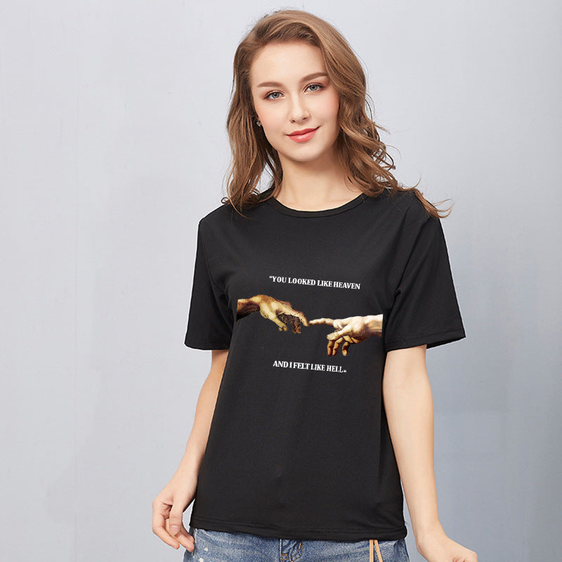 lovwvol grunge dti Spring and Summer Hand-Holding New Women's T-shirt Printed Short-Sleeved Women's Top