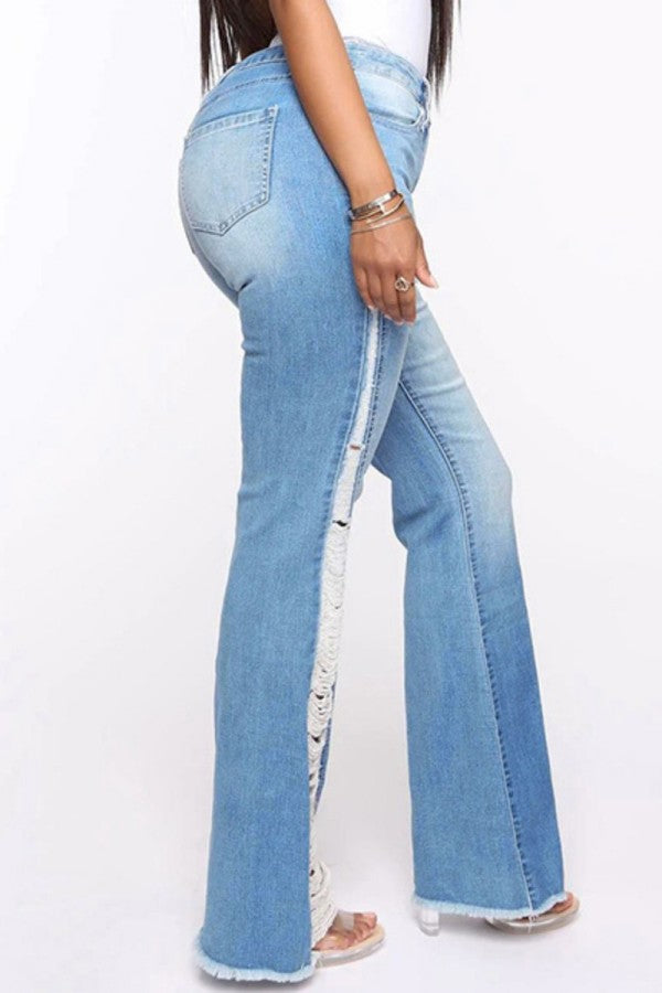 lovwvol  - Baby Blue Casual Patchwork Ripped High Waist Regular Denim Jeans