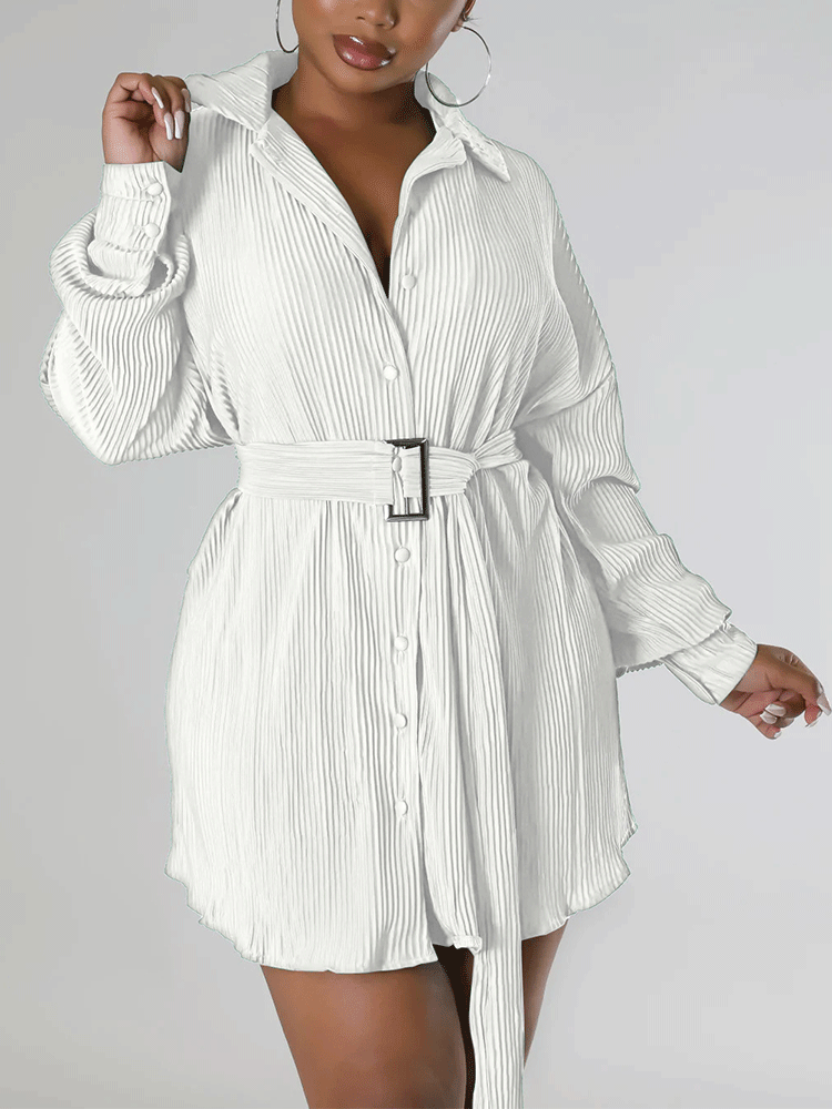 Ruched Long Sleeve Mini Dress With Belt