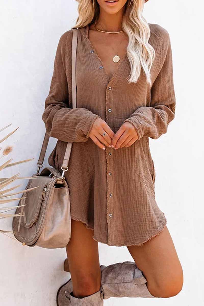 lovwvol Seersucker Fringed Long Sleeves Mini Dresses