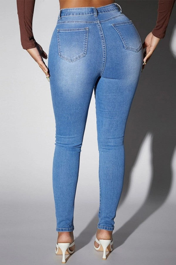 lovwvol  - Deep Blue Casual Solid Patchwork High Waist Skinny Denim Jeans