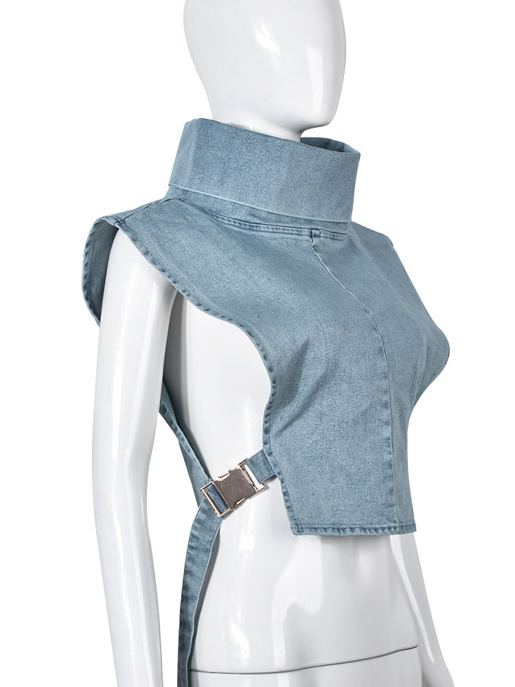 Denim Sleeveless Turtleneck Top