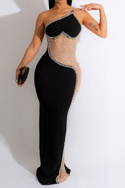 Rhinestone Trim Rocking Mesh Patchwork Maxi Dress