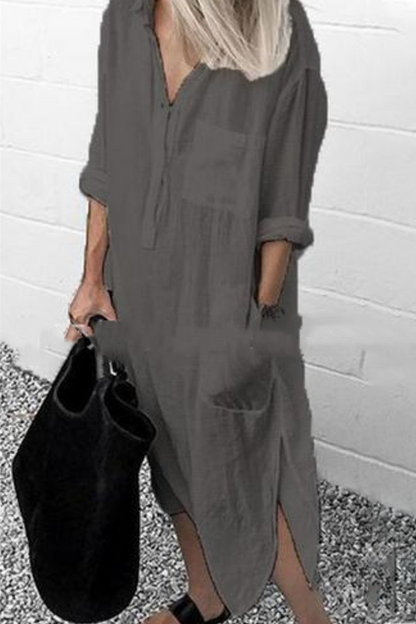 Casual Solid Split Joint Turndown Collar Shirt Dress Dresses(6 colors)