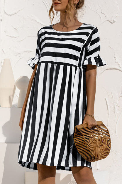 Fashion Casual Striped Patchwork O Neck A Line Dresses(4 Colors)