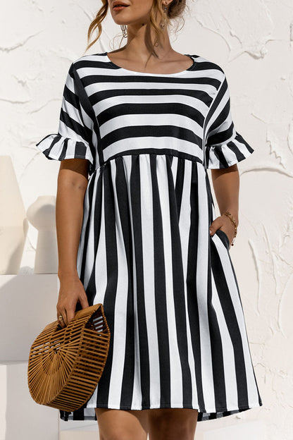 Fashion Casual Striped Patchwork O Neck A Line Dresses(4 Colors)