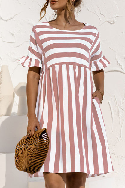 Fashion Casual Striped Patchwork O Neck A Line Dresses(4 Colors)