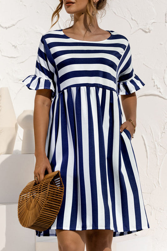 Fashion Casual Striped Patchwork O Neck A Line Dresses(4 Colors)