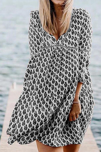 Casual Print Patchwork Basic V Neck A Line Dresses(3 Colors)