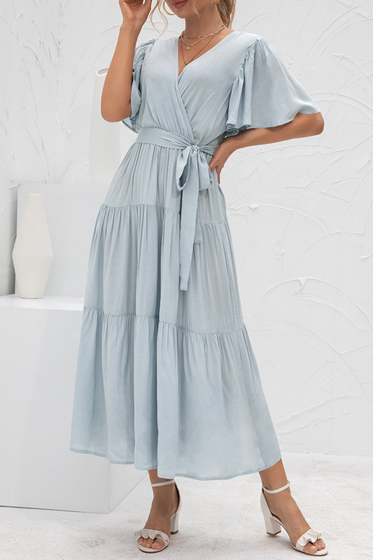 Elegant Solid Patchwork With Belt V Neck Cake Skirt Dresses