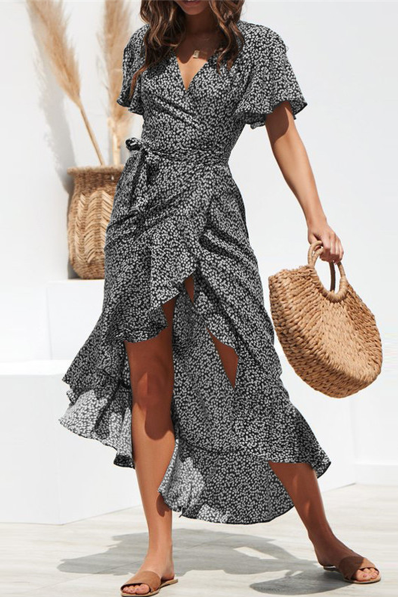 Elegant Print Frenulum Flounce V Neck Irregular Maxi Dresses