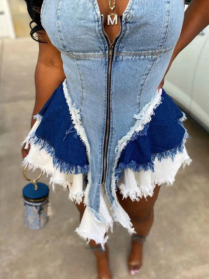 Zipper Washed Denim Tops