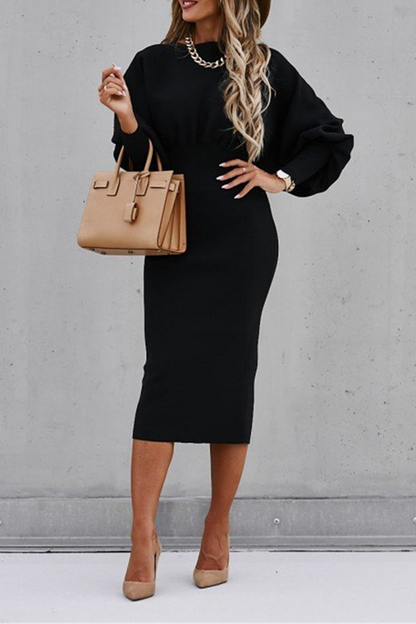 Elegant Solid Patchwork Fold O Neck Waist Skirt Dresses