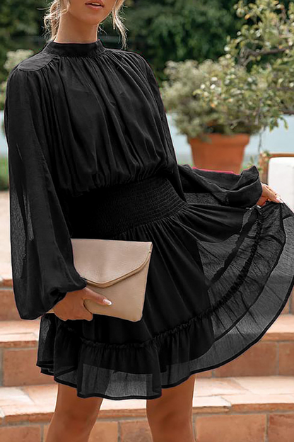 Fashion Casual Solid Flounce Fold Half A Turtleneck Waist Skirt Dresses