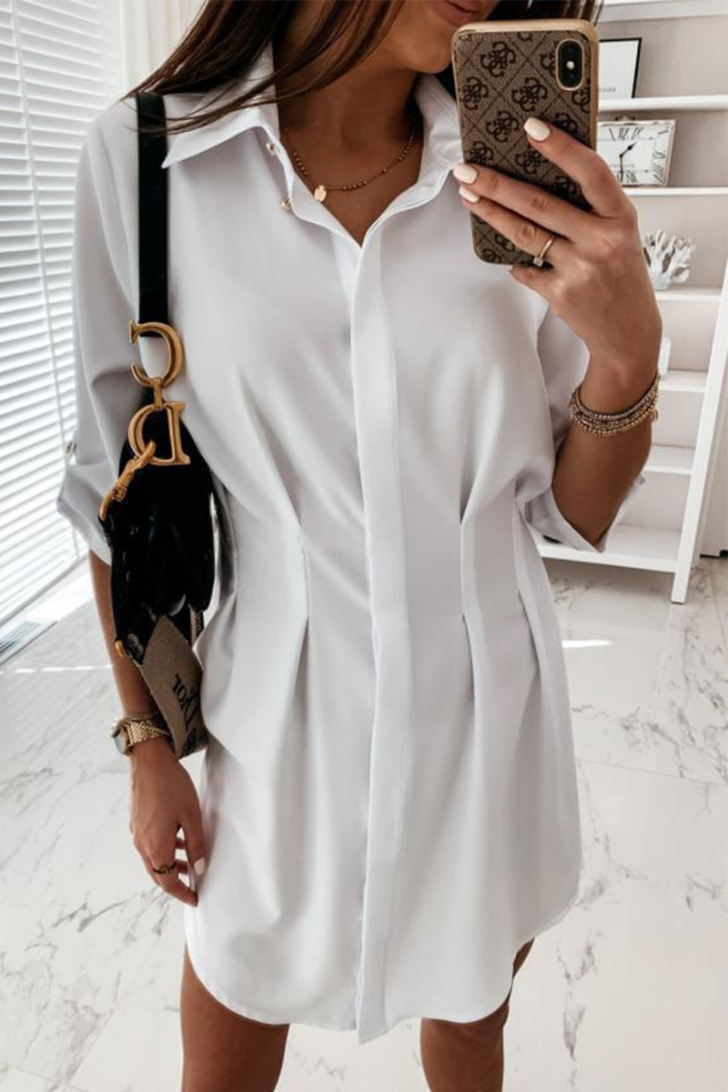 Fashion Casual Solid Buckle Fold Turndown Collar Shirt Dress Dresses