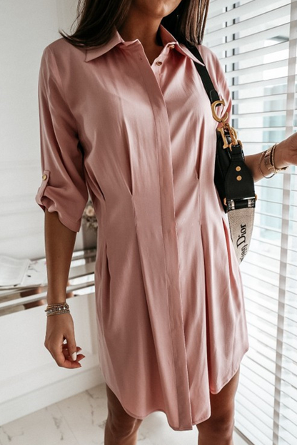 Fashion Casual Solid Buckle Fold Turndown Collar Shirt Dress Dresses