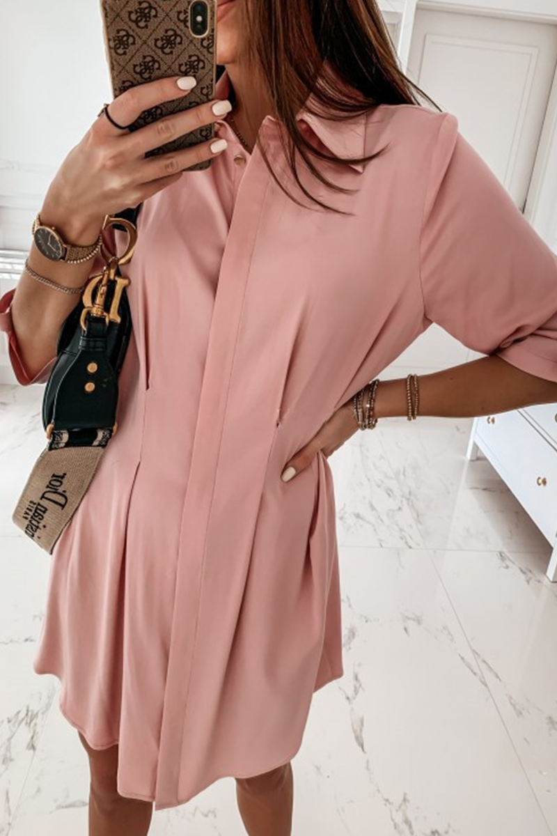 Fashion Casual Solid Buckle Fold Turndown Collar Shirt Dress Dresses