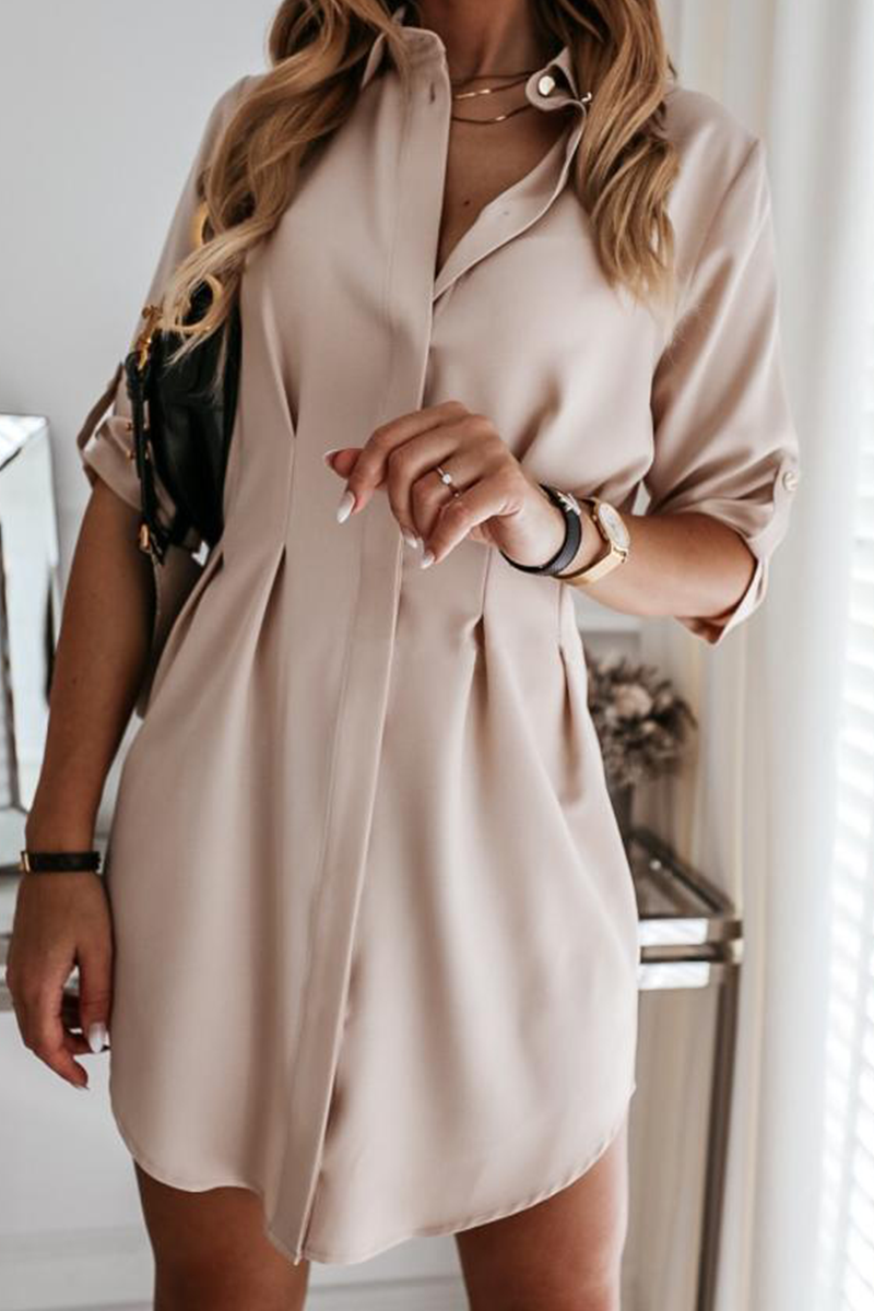 Fashion Casual Solid Buckle Fold Turndown Collar Shirt Dress Dresses