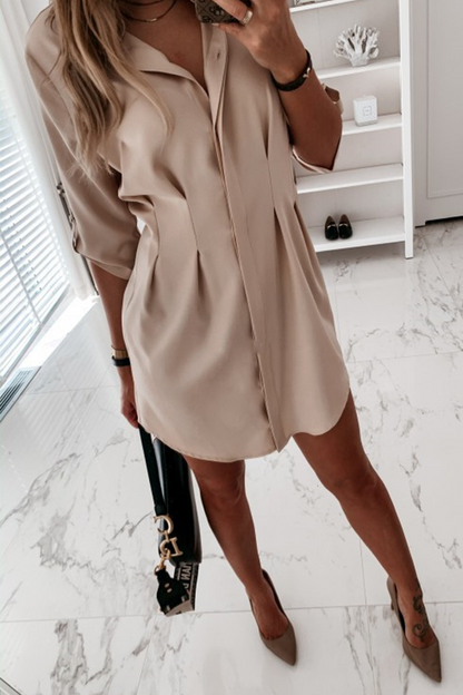 Fashion Casual Solid Buckle Fold Turndown Collar Shirt Dress Dresses