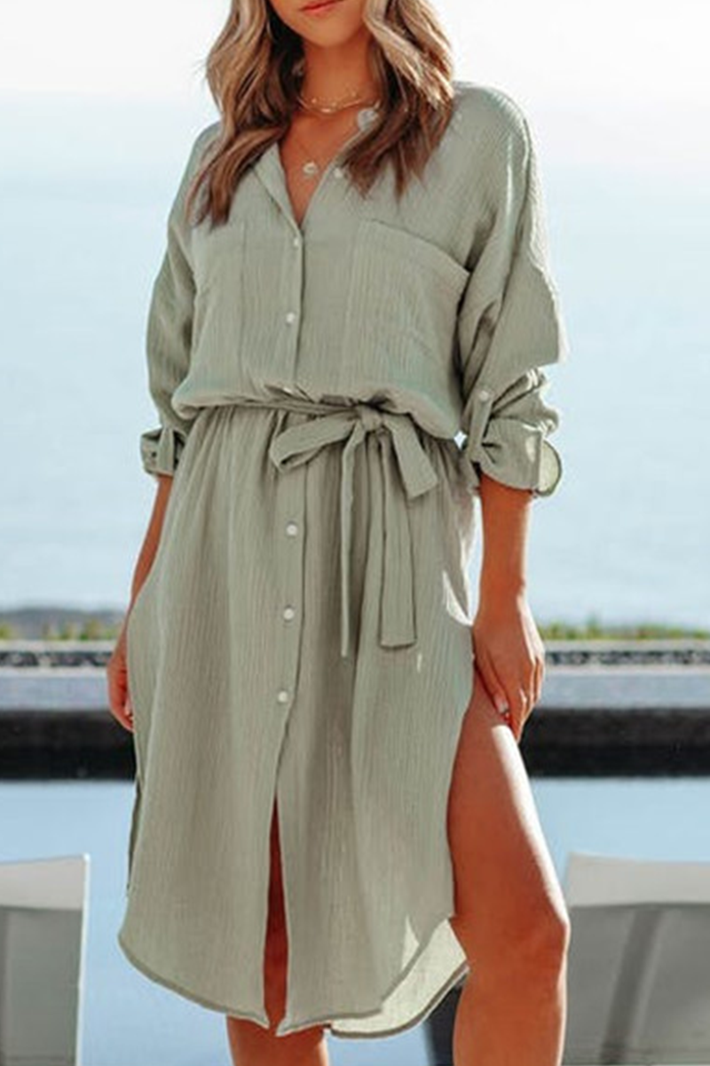 Casual Solid Split Joint Turndown Collar Shirt Dress Dresses