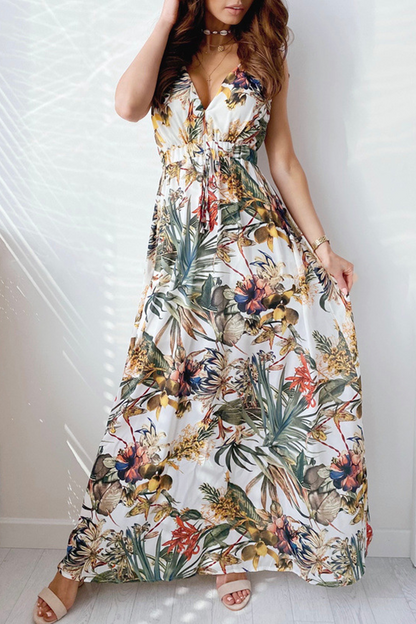 Casual Print Patchwork V Neck Waist Skirt Dresses(4 Colors)