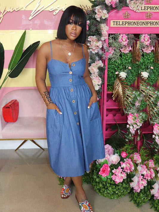 Spaghetti Strap Backless Denim Maxi Dress