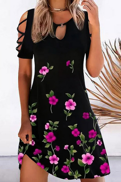 Casual Print Hollowed Out O Neck Straight Dresses(7 Colors)