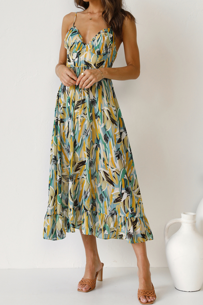 Fashion Print Patchwork Spaghetti Strap Cake Skirt Dresses