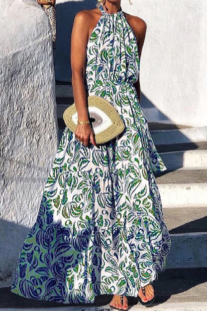 Casual Print Halter Cake Skirt Dresses