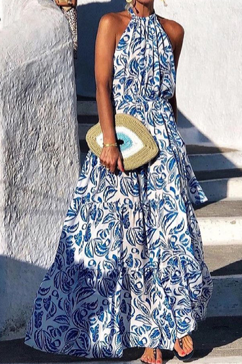 Casual Print Halter Cake Skirt Dresses