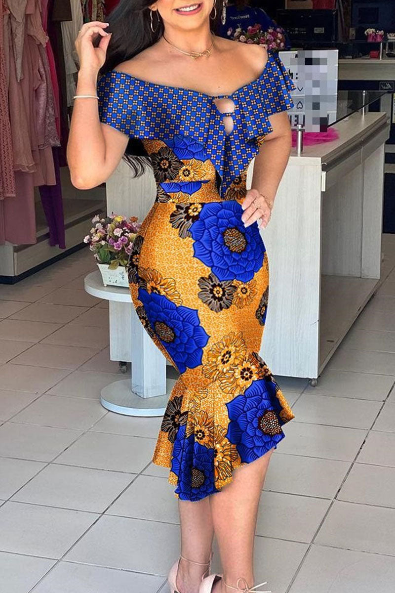 Sexy Print Patchwork Flounce Off the Shoulder Irregular Dress Dresses